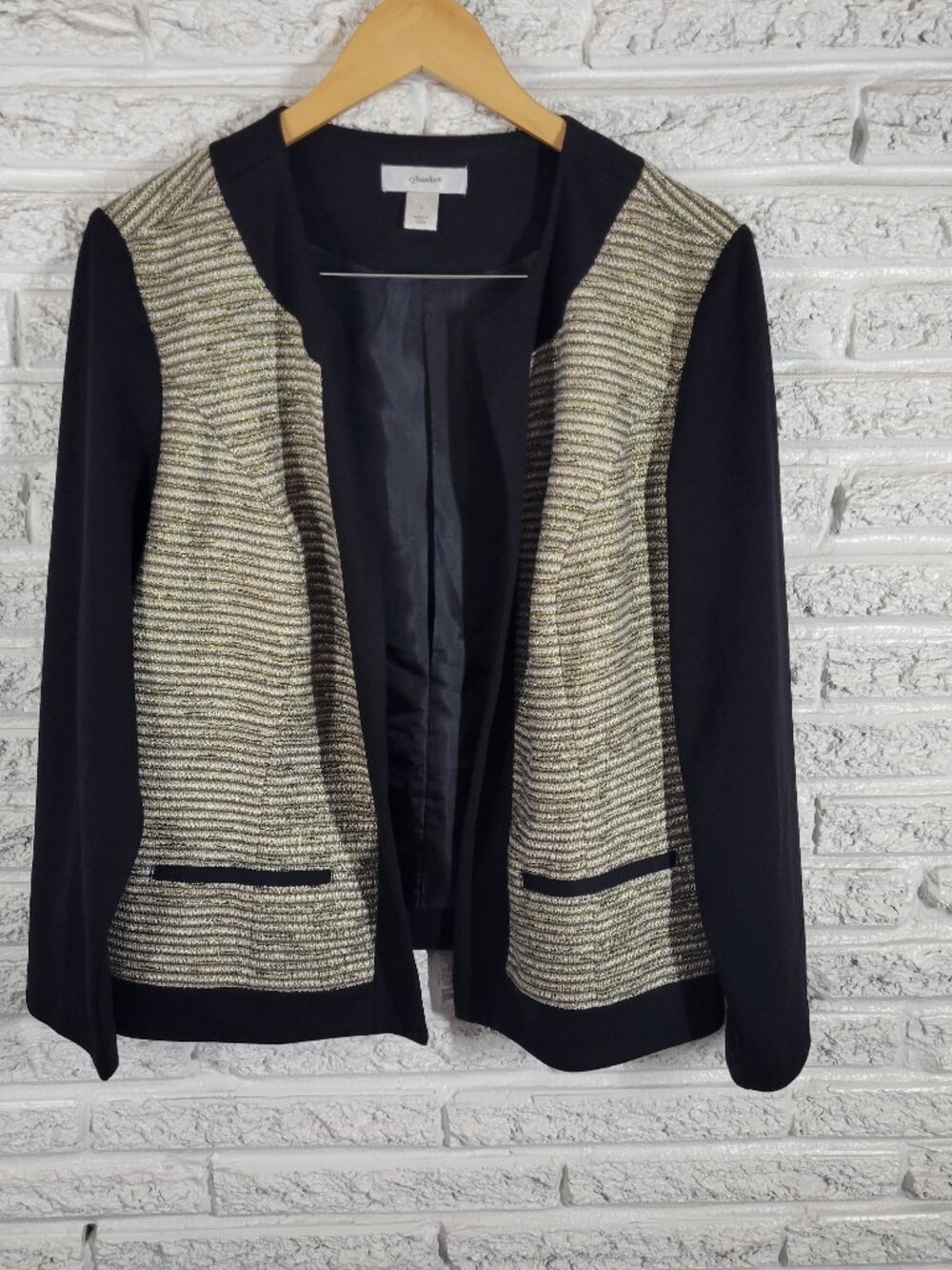 CJ Banks Open Blazer Jacket XL Black Gold Metallic Stripe Lined Party HNGE
